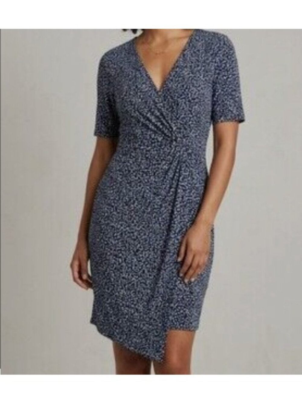 Banana Republic Speckled Print Knotted Faux Wrap Dress jersey knit NWT blue